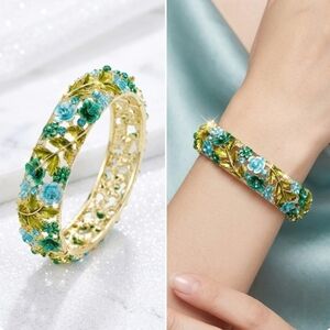 Gold-plated blue green crystal flower bangle bracelet BOGO